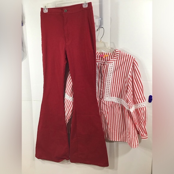 Pants - Retro hippie deep red stretch bell bottom jeans